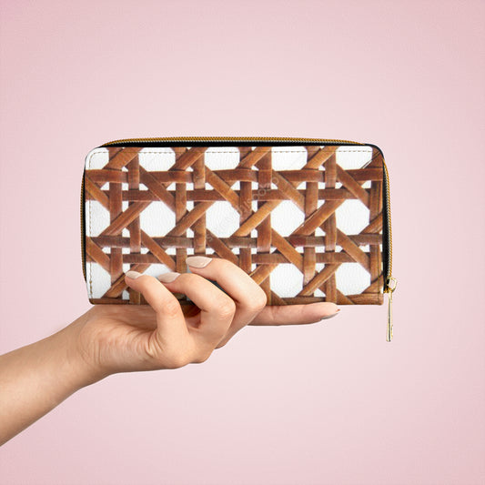 Tropical Zipper Wallet, Faux Leather / Vibrant Clutch / Beach Chair Wicker, Brown