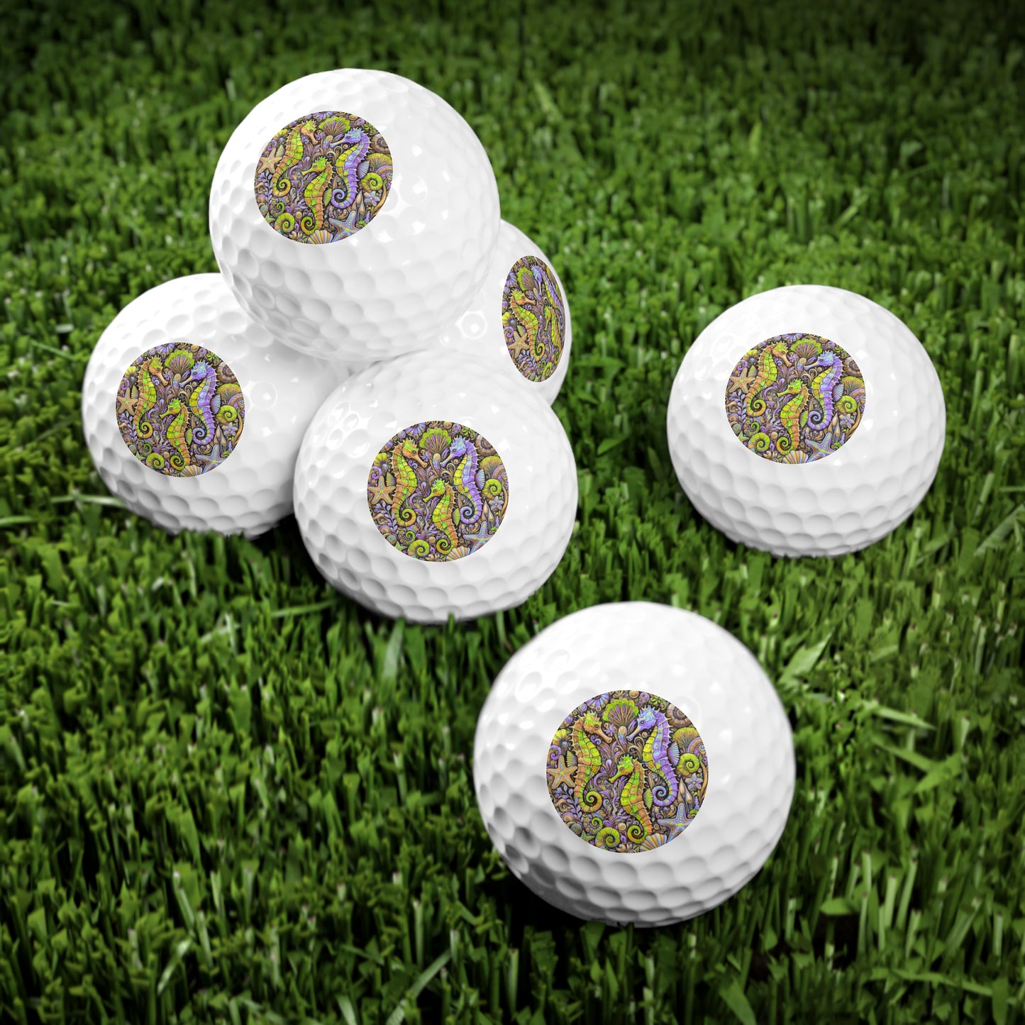 Coastal-Themed Golf Balls, 6pcs - Perfect Gift for Golf Enthusiasts / Seahorse Trio Yellow
