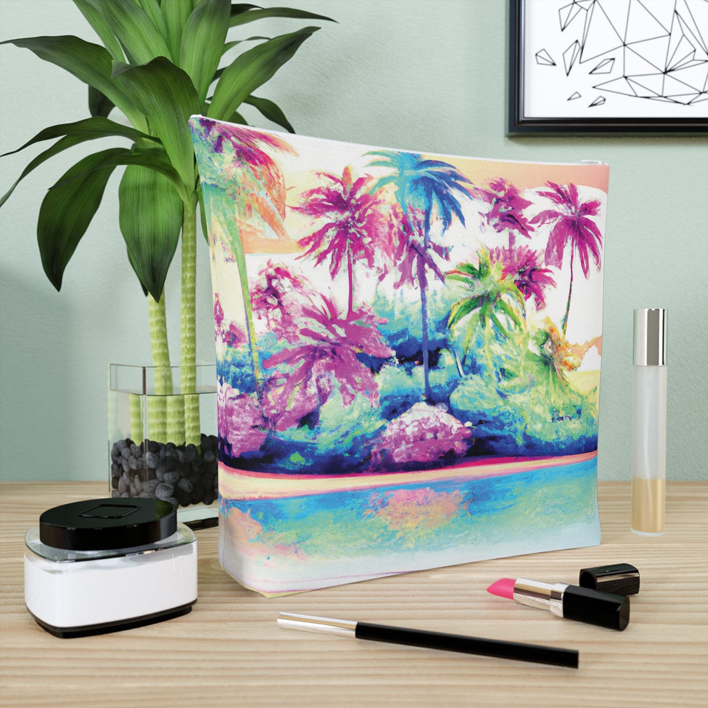 Tropical Cotton Cosmetic Bag, Makeup Pouch, 5 Sizes / Watercolor Beach