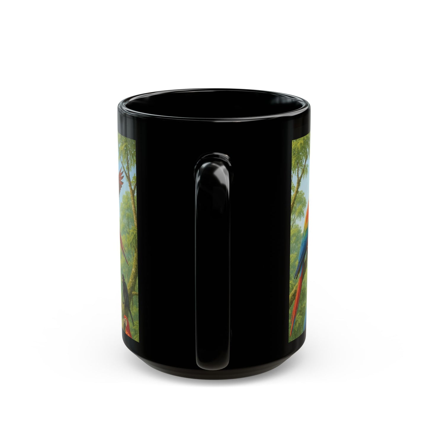 Black Coffee Mug - UFO and Macaws, Full View