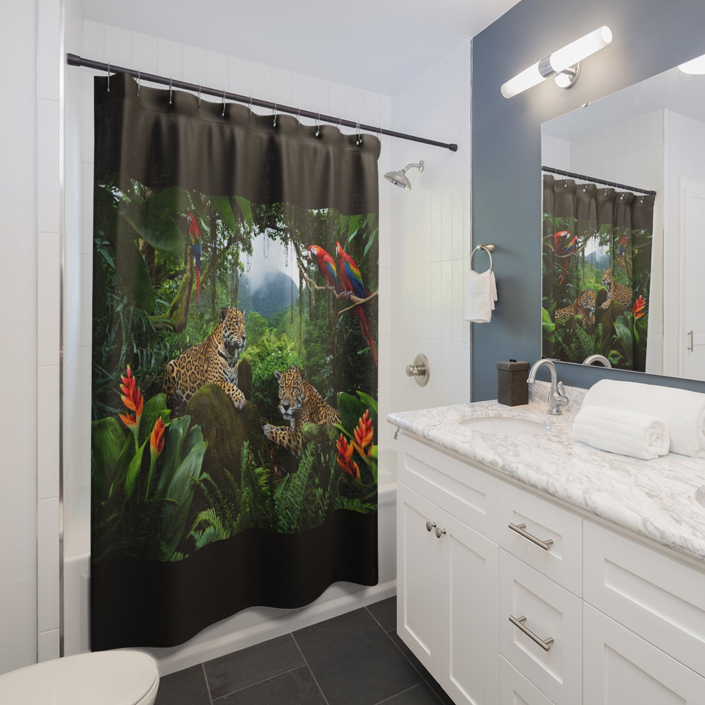 Tropical Shower Curtain - Rainforest Bathroom Decor / Jaguars and Parrots