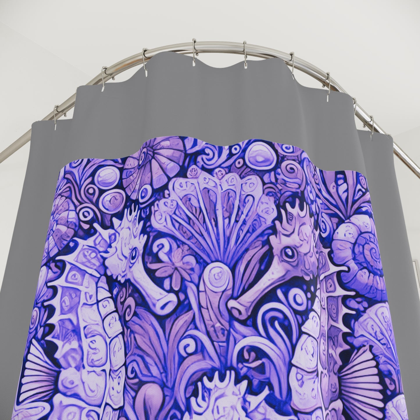 Tropical Shower Curtain - Ocean Bathroom Decor / Seahorse Trio Amethyst/Grey
