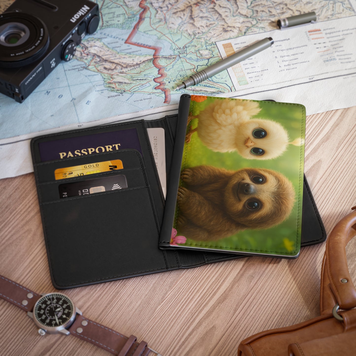 Tropical Passport Cover, Faux Leather - RFID blocking for travel security / Baby White Peacock and Baby Capybara