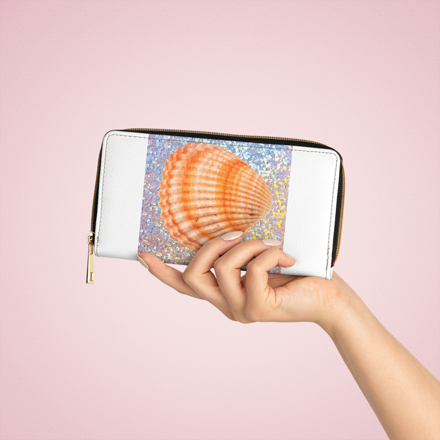 Tropical Zipper Wallet, Faux Leather / Vibrant Clutch / Disco Orange Scallop, White