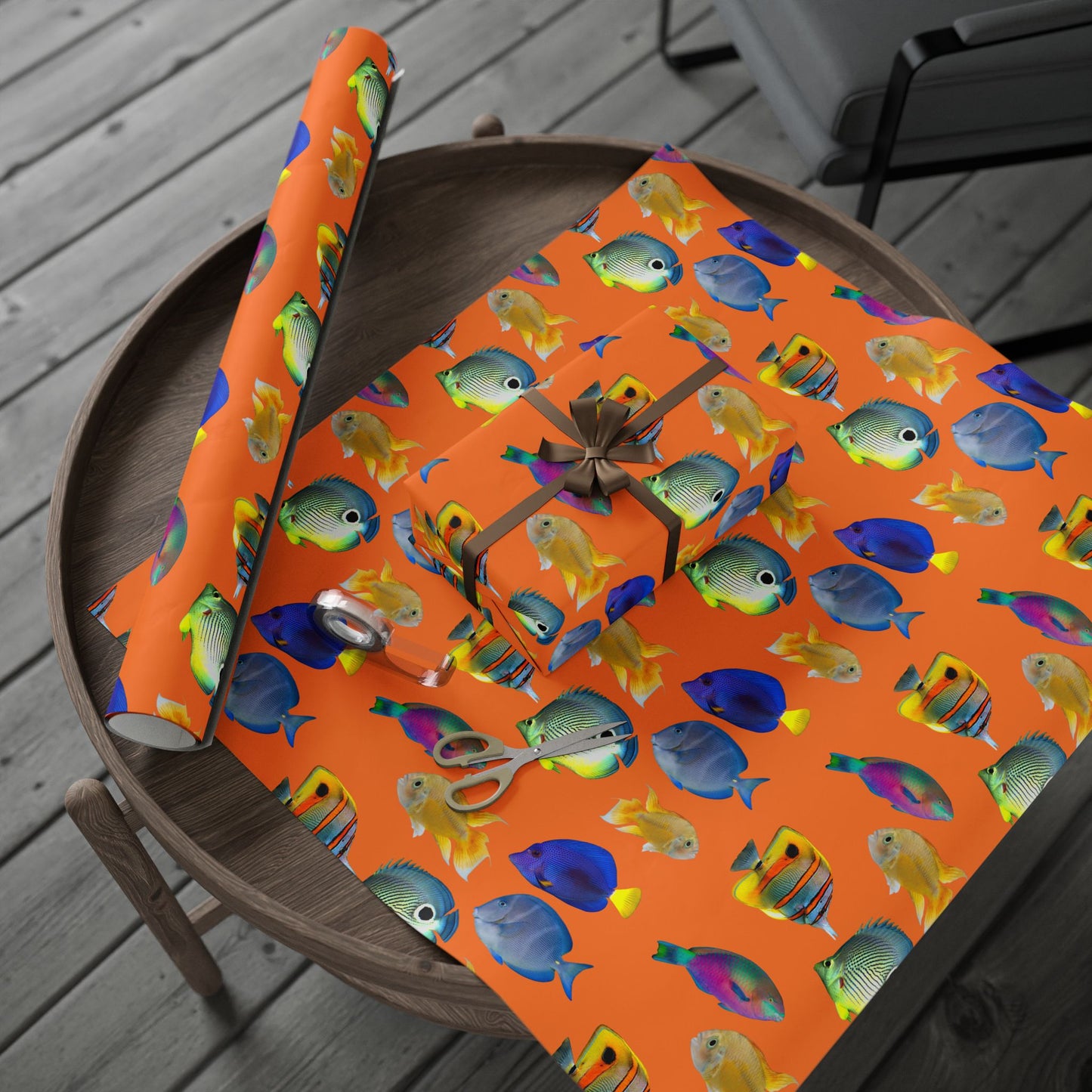 Wrapping Paper - Tropical Gift Wrap for All Occasions, 3 Sizes/2 Finishes / School of Fish, Lt. Crusta Orange
