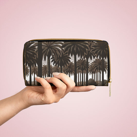Tropical Zipper Wallet, Faux Leather / Vibrant Clutch / Woodcut Palms