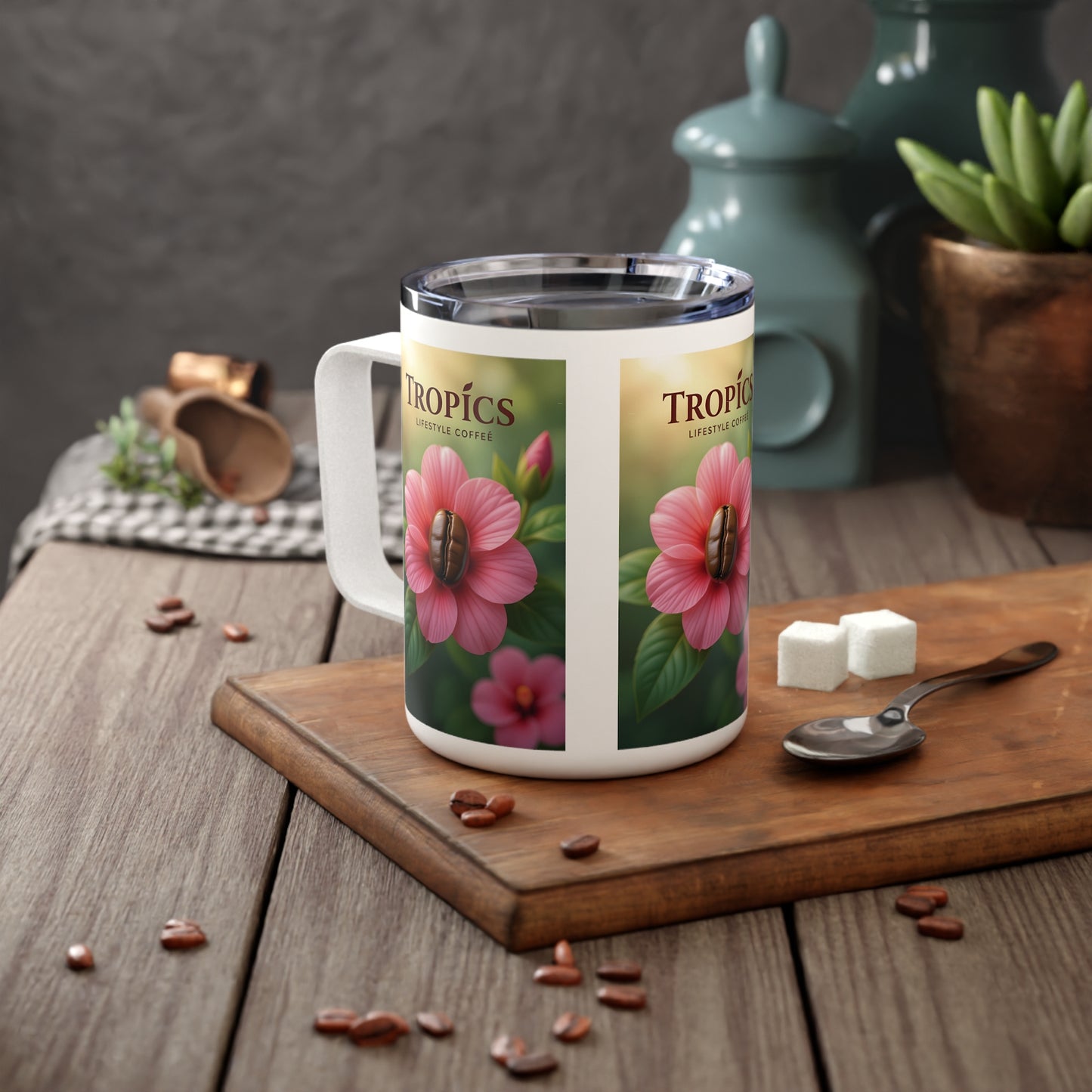 Tropical Insulated Coffee Mug, 10oz / Tropical Bean Flower