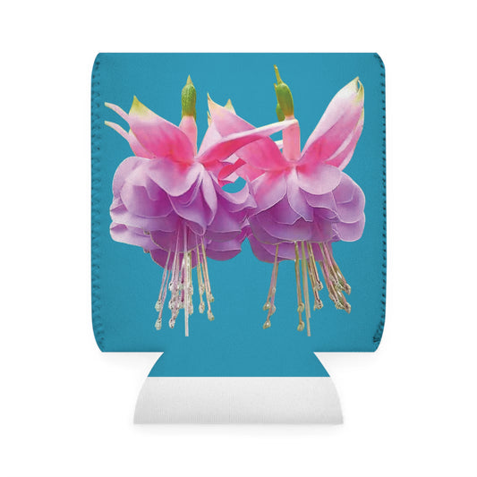Two Pink Fuschias/Turquoise Cooler Sleeve - Perfect for Outdoor Picnics