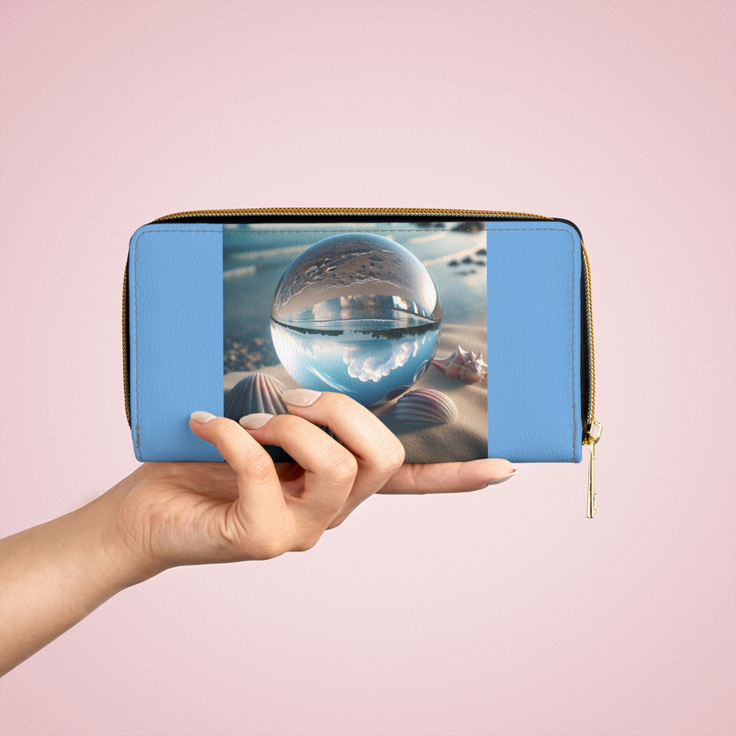 Tropical Zipper Wallet, Faux Leather / Vibrant Clutch / Beach Illusion Ball, Lt. Blue