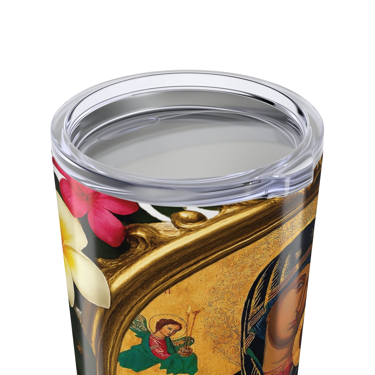 20oz Tropical Glossy Tumbler, Stainless Steel / Framed Our Lady of Guadalupe, Monstera