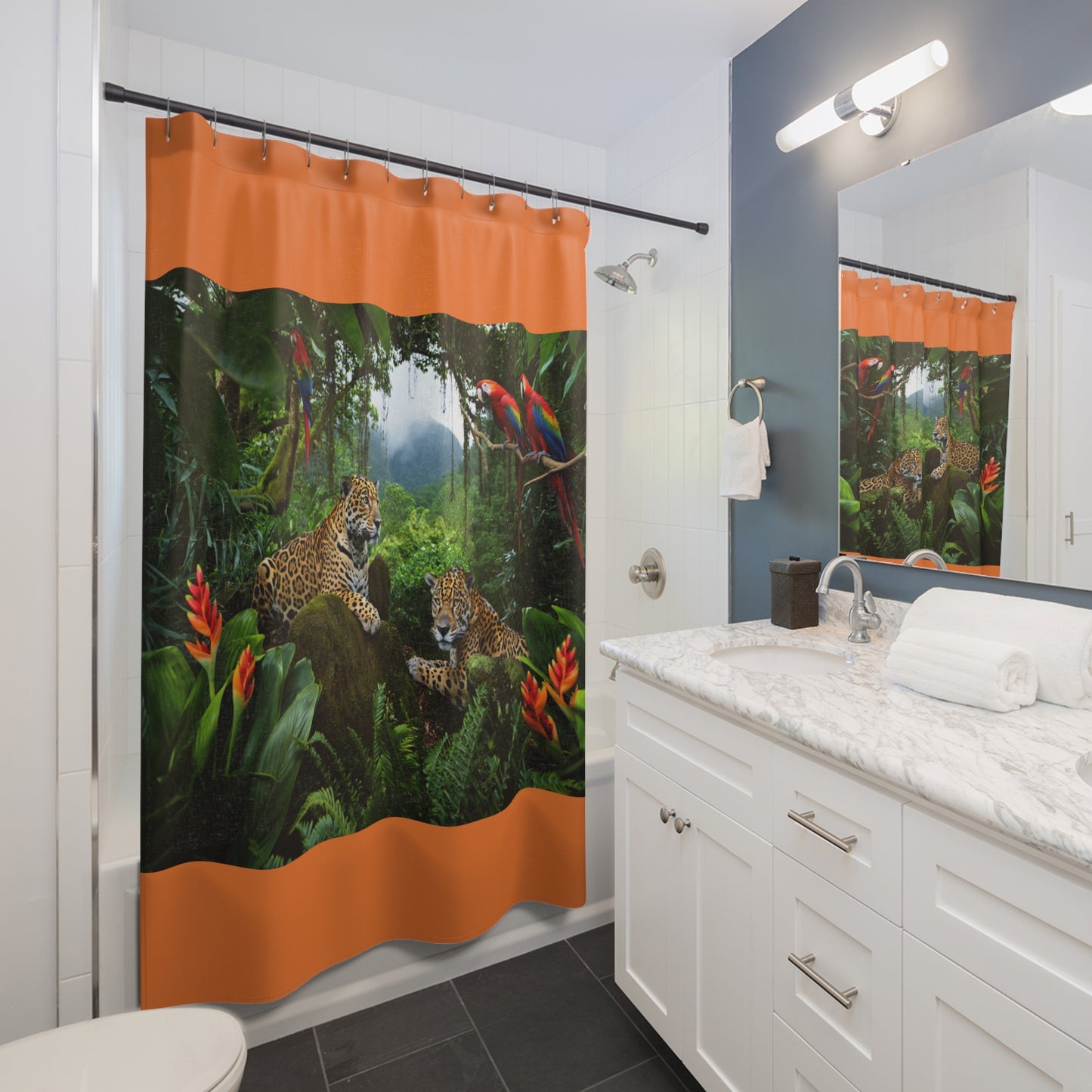 Tropical Shower Curtain - Rainforest Bathroom Decor / Jaguars and Parrots/Crusta Orange