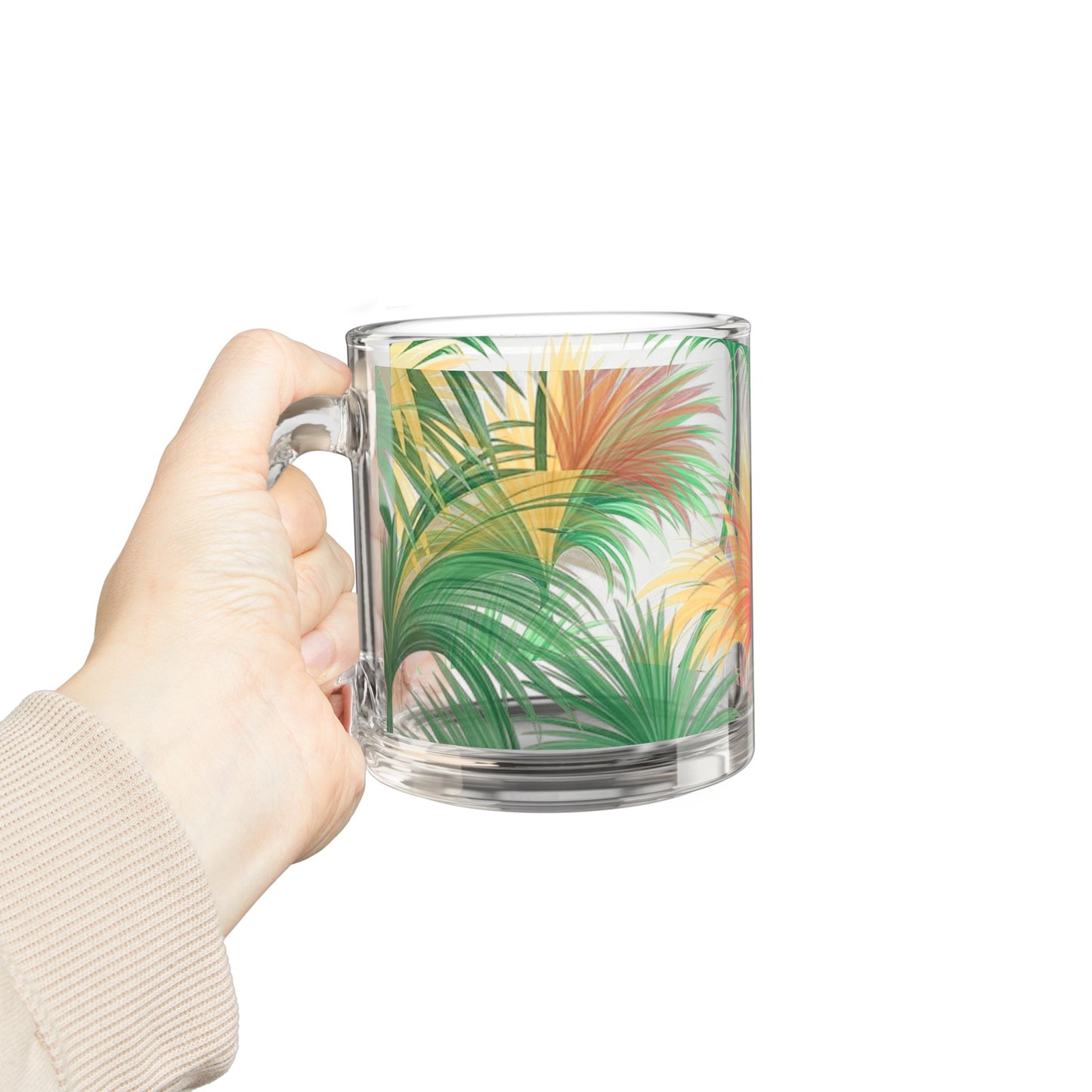 Tropical Glass Mug - 10oz Coffee Cup / Tri-Color Bright Palms