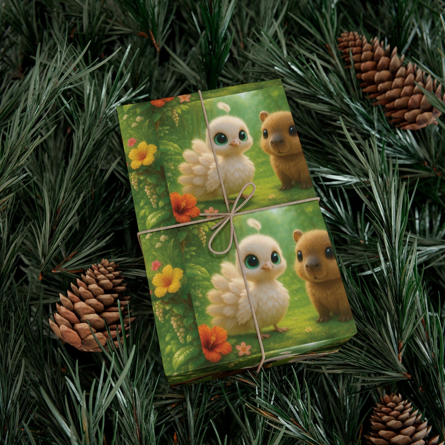 Wrapping Paper - Tropical Gift Wrap for All Occasions / 3 Sizes, 2 Finishes / Baby White Peacock and Baby Capybara