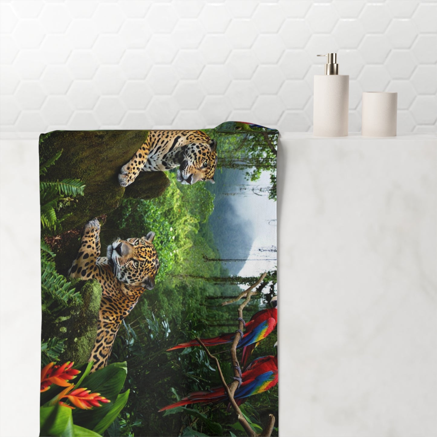 Tropical-Inspired Mink-Cotton Towel - Soft & Absorbent, Jaguars and Parrots
