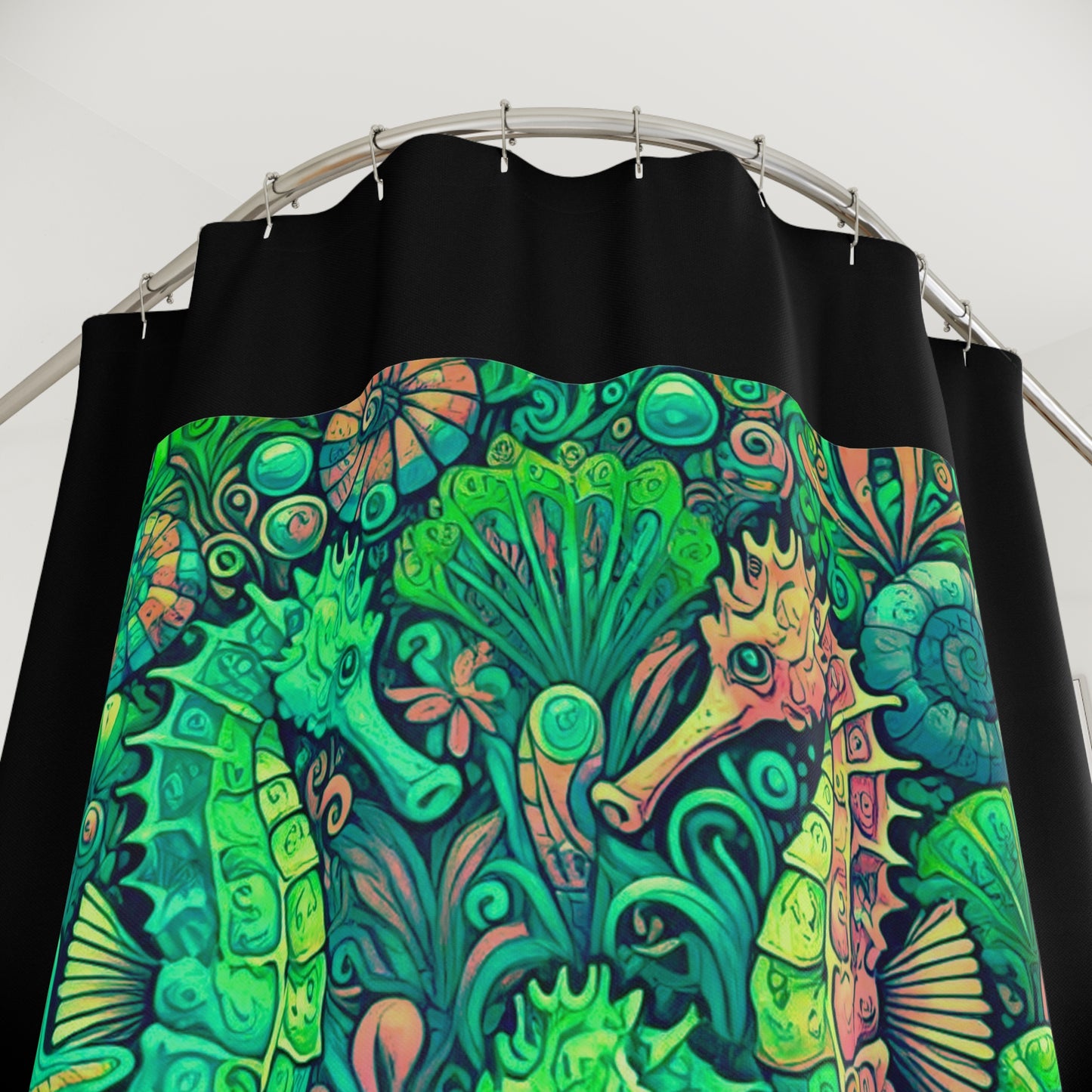 Tropical Shower Curtain - Ocean Bathroom Decor / Seahorse Trio Hot Lime/Black