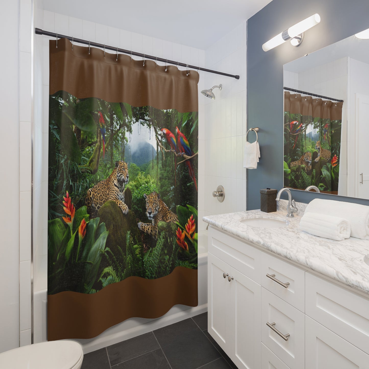 Tropical Shower Curtain - Rainforest Bathroom Decor / Jaguars and Parrots/Brown