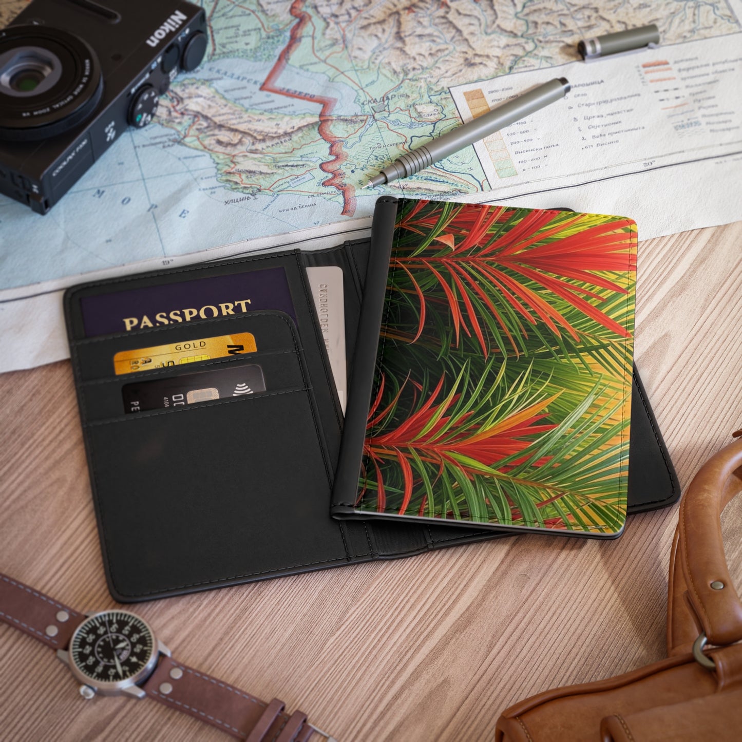 Tropical Passport Cover, Faux Leather - RFID blocking for travel security / Red Flame Palm