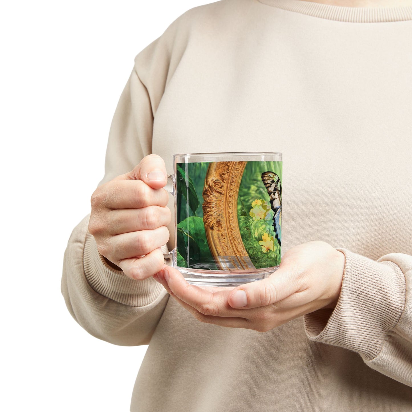 Tropical Glass Mug - 10oz Coffee Cup / Framed Swallowtail Butterfly