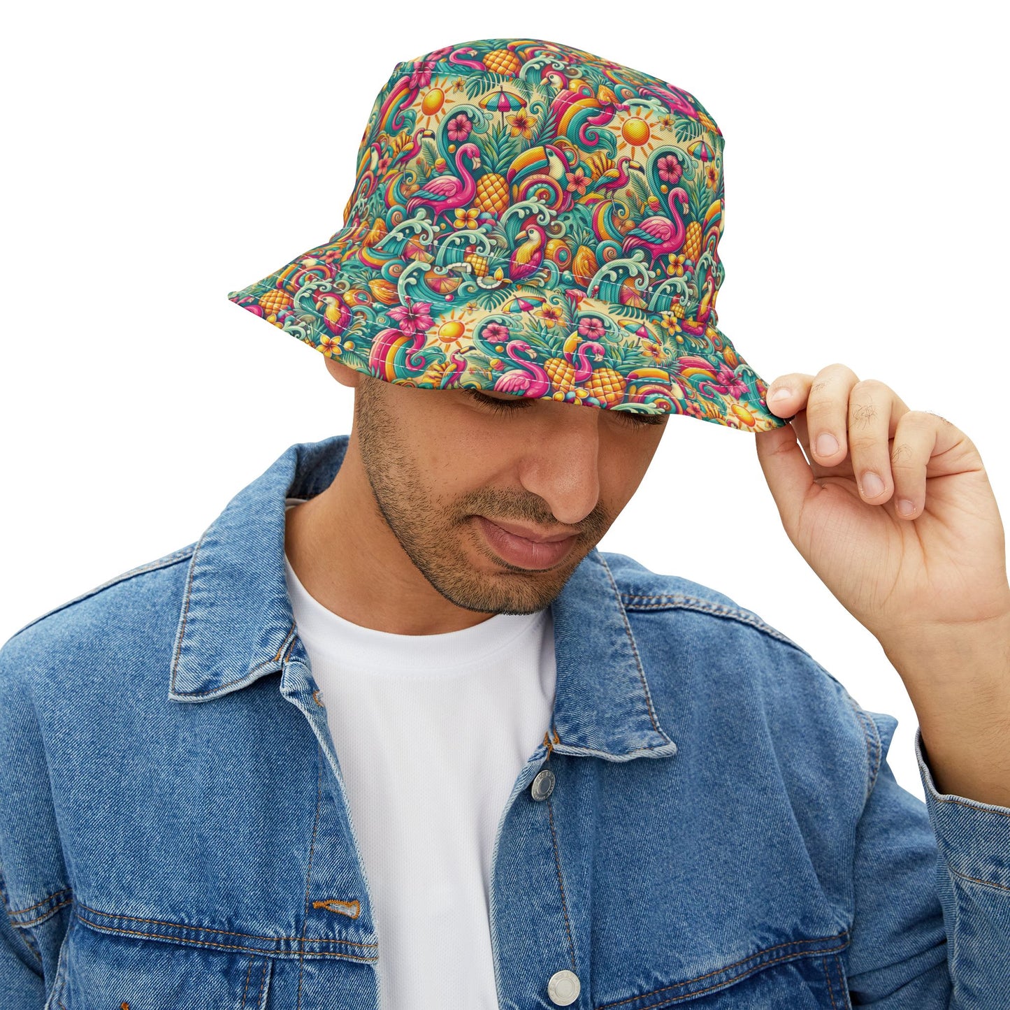Tropical Polyester Bucket Hat, 2 Sizes - Flamingo Funday