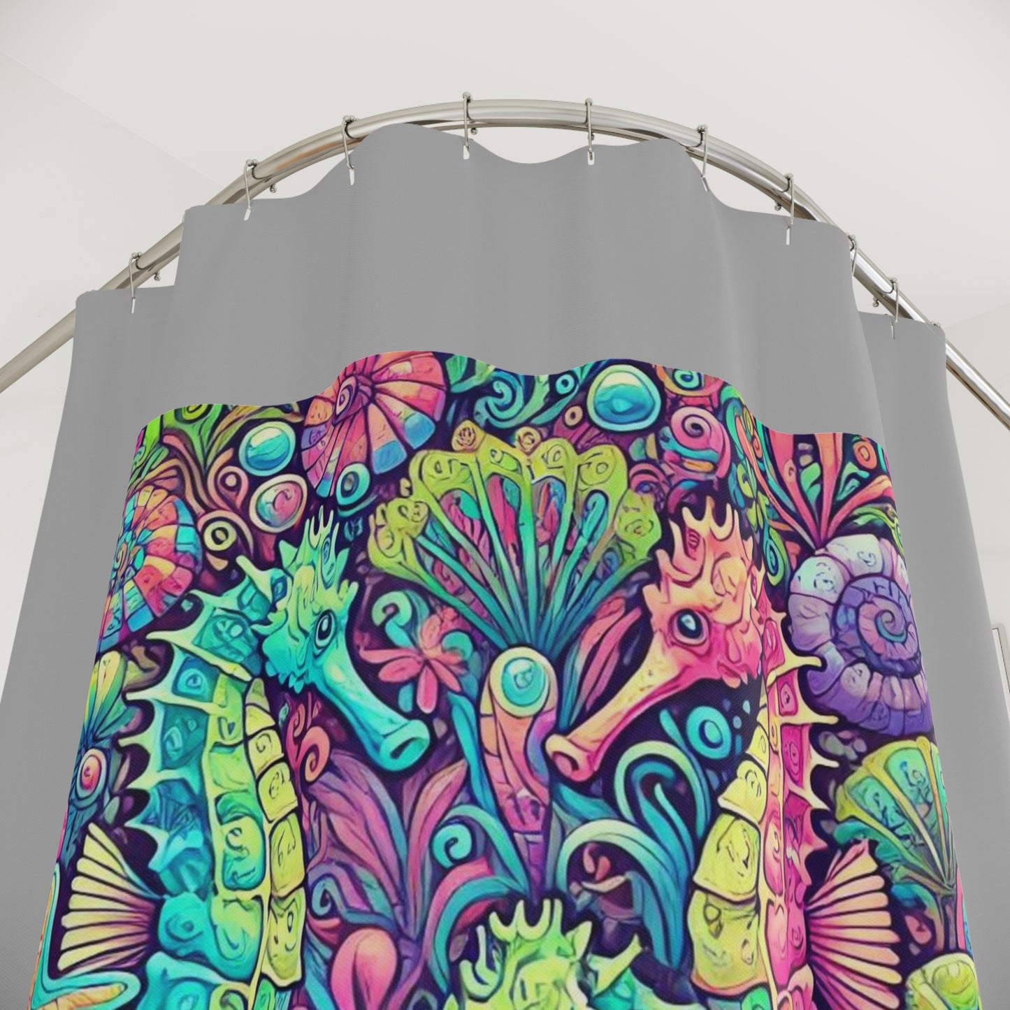 Tropical Shower Curtain - Ocean Bathroom Decor / Seahorse Trio/Lt. Grey