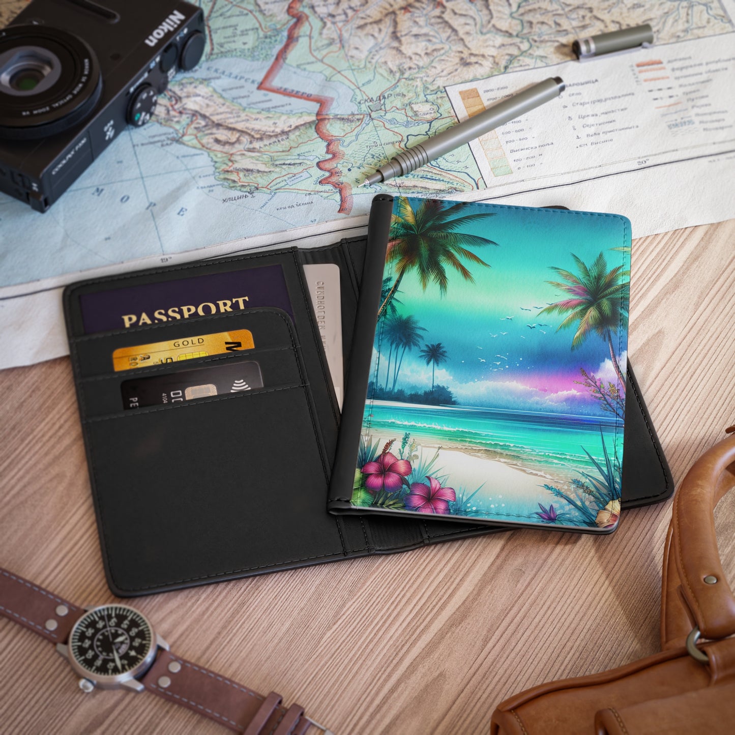 Tropical Passport Cover, Faux Leather - RFID blocking for travel security / Morning Beach