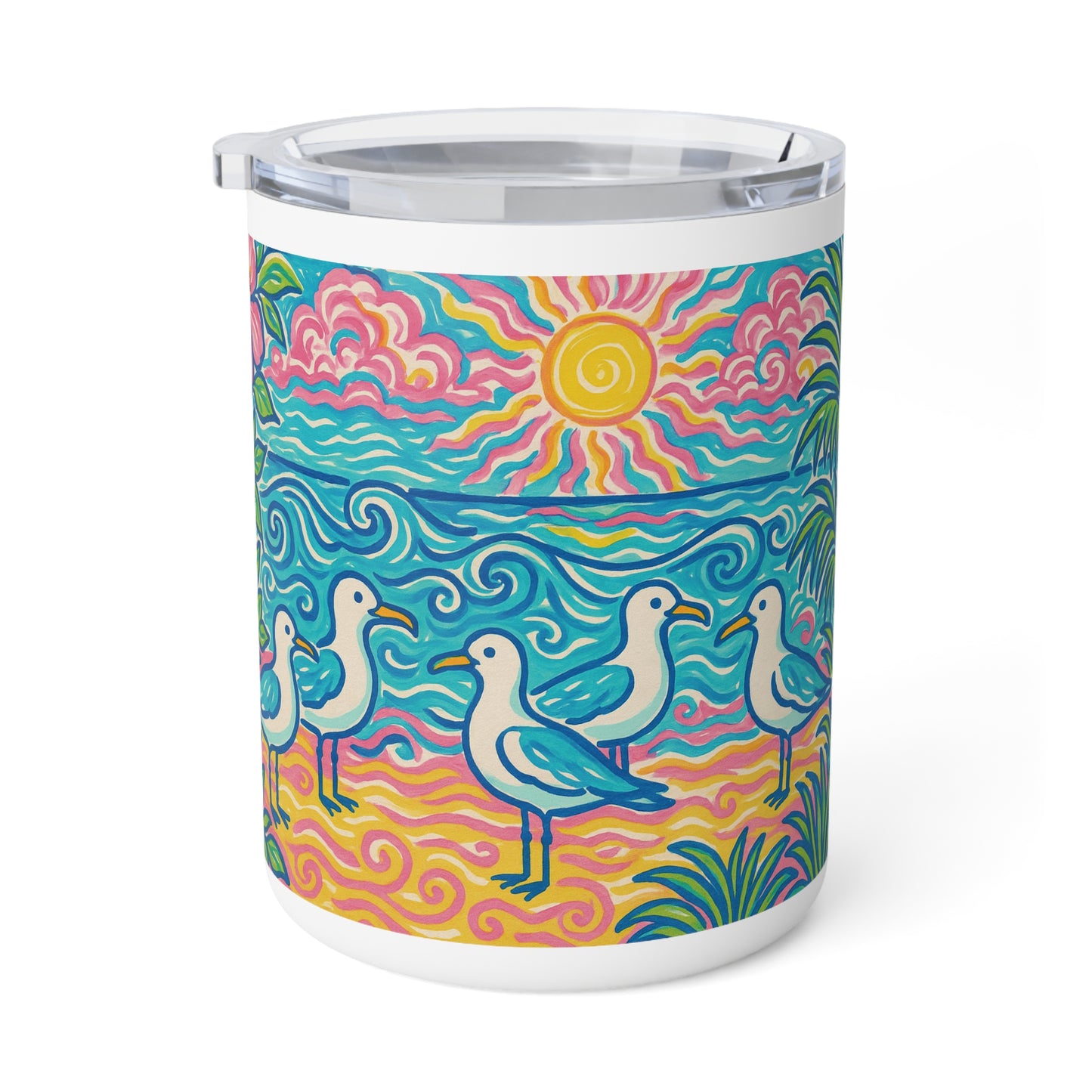 Tropical Insulated Coffee Mug, 10oz / Seagulls on the Beach