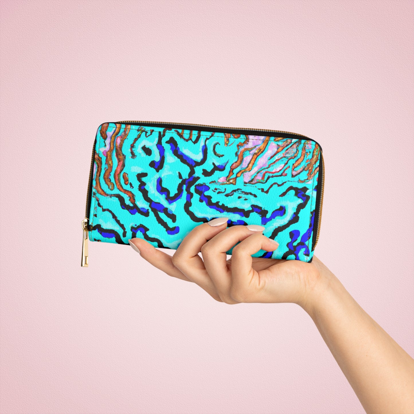 Tropical Zipper Wallet, Faux Leather / Vibrant Clutch / Wild Coral Reef