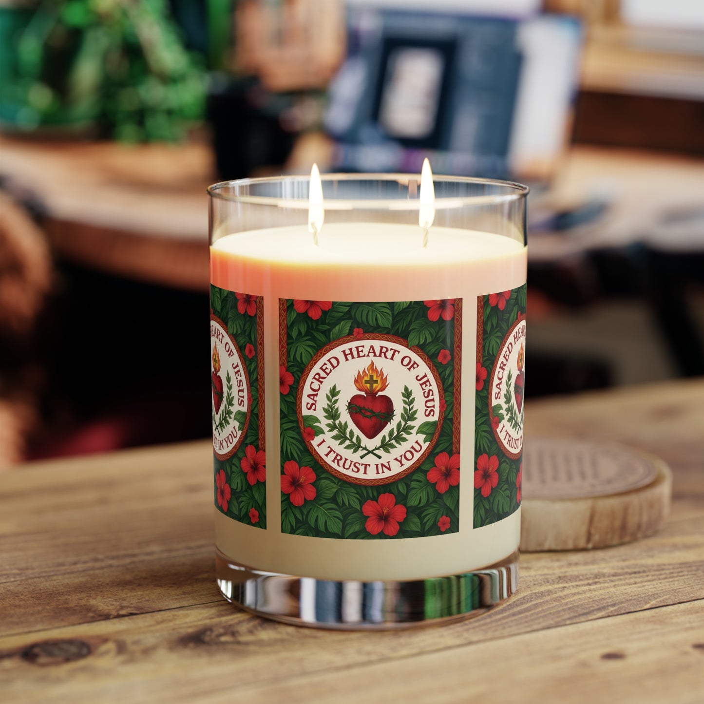 Sacred Heart of Jesus Prayer Scented Candle - 11oz Full Glass, Religious Tropical Decor