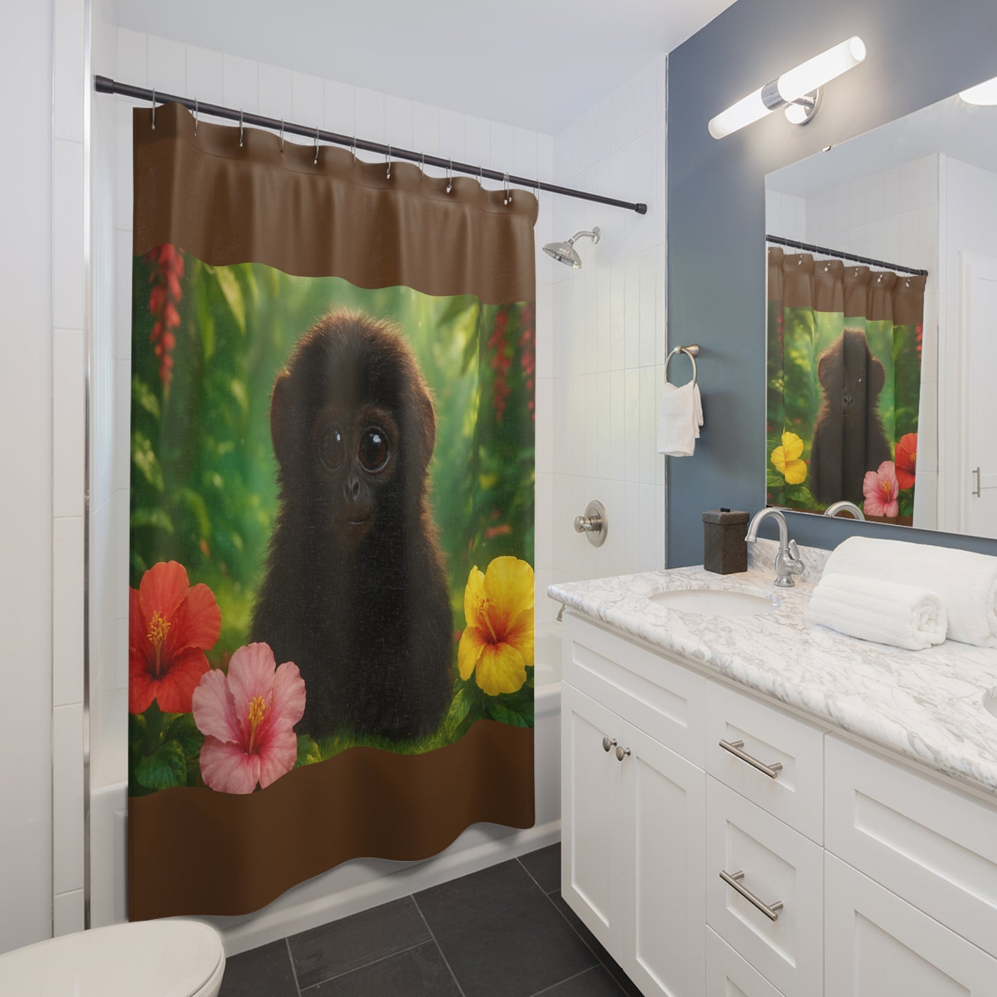 Tropical Shower Curtain - Rainforest Bathroom Decor / Baby Howler Monkey/Brown