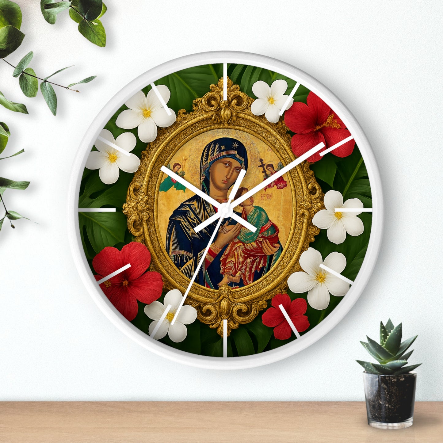 Religious Wall Clock, 3 Frame Options – Our Lady of Perpetual Help, Red Flowers