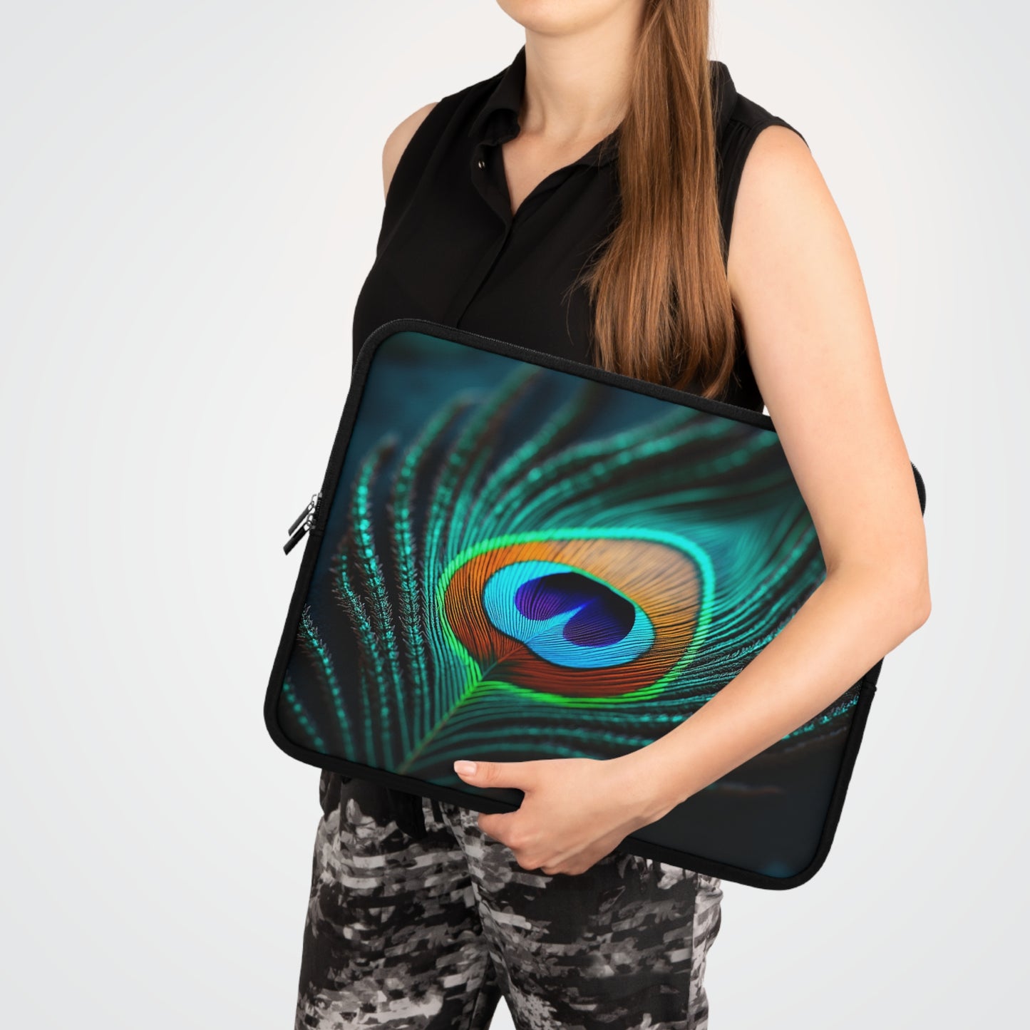 Tropical Laptop Sleeve, 5 Sizes - Perfect for Rainforest Lovers & Students / Peacock Eye Feather, Turquoise