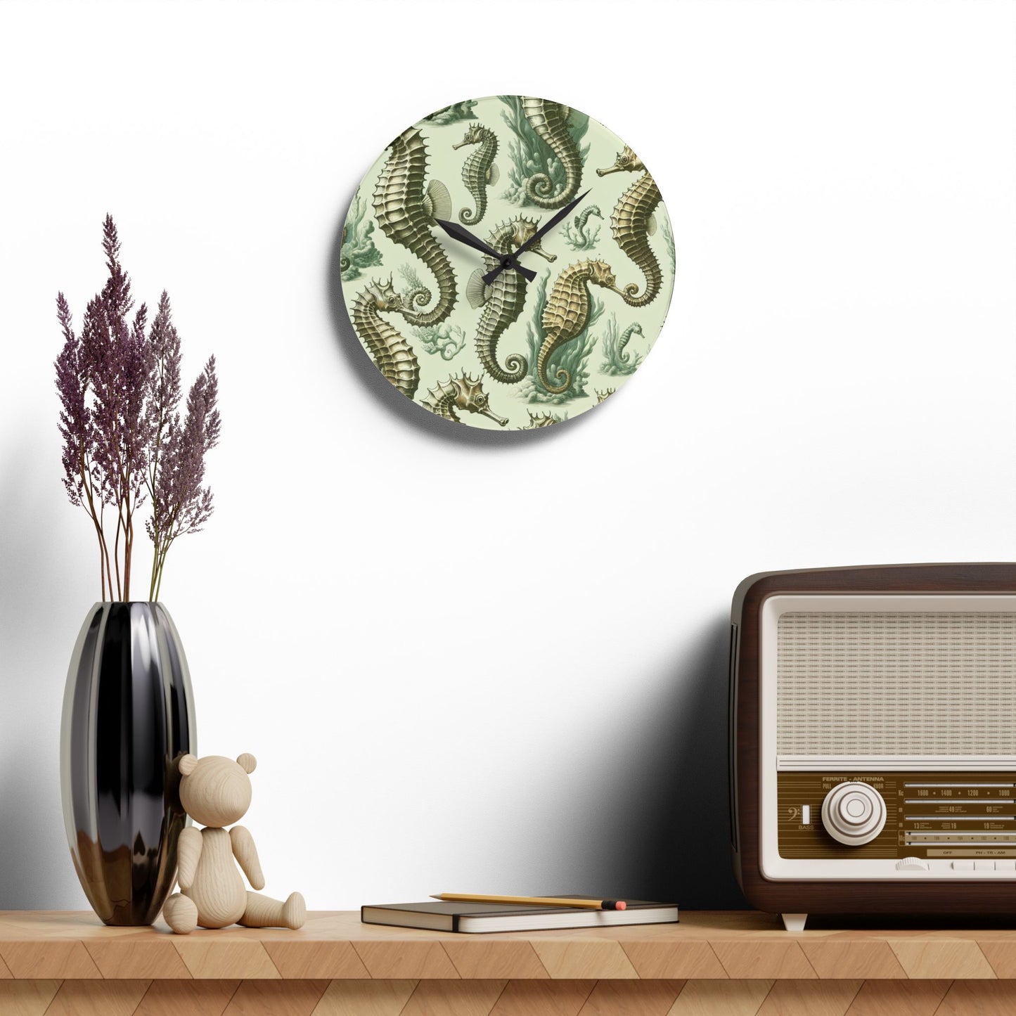 Acrylic Wall Clock, Green Toile Seahorses