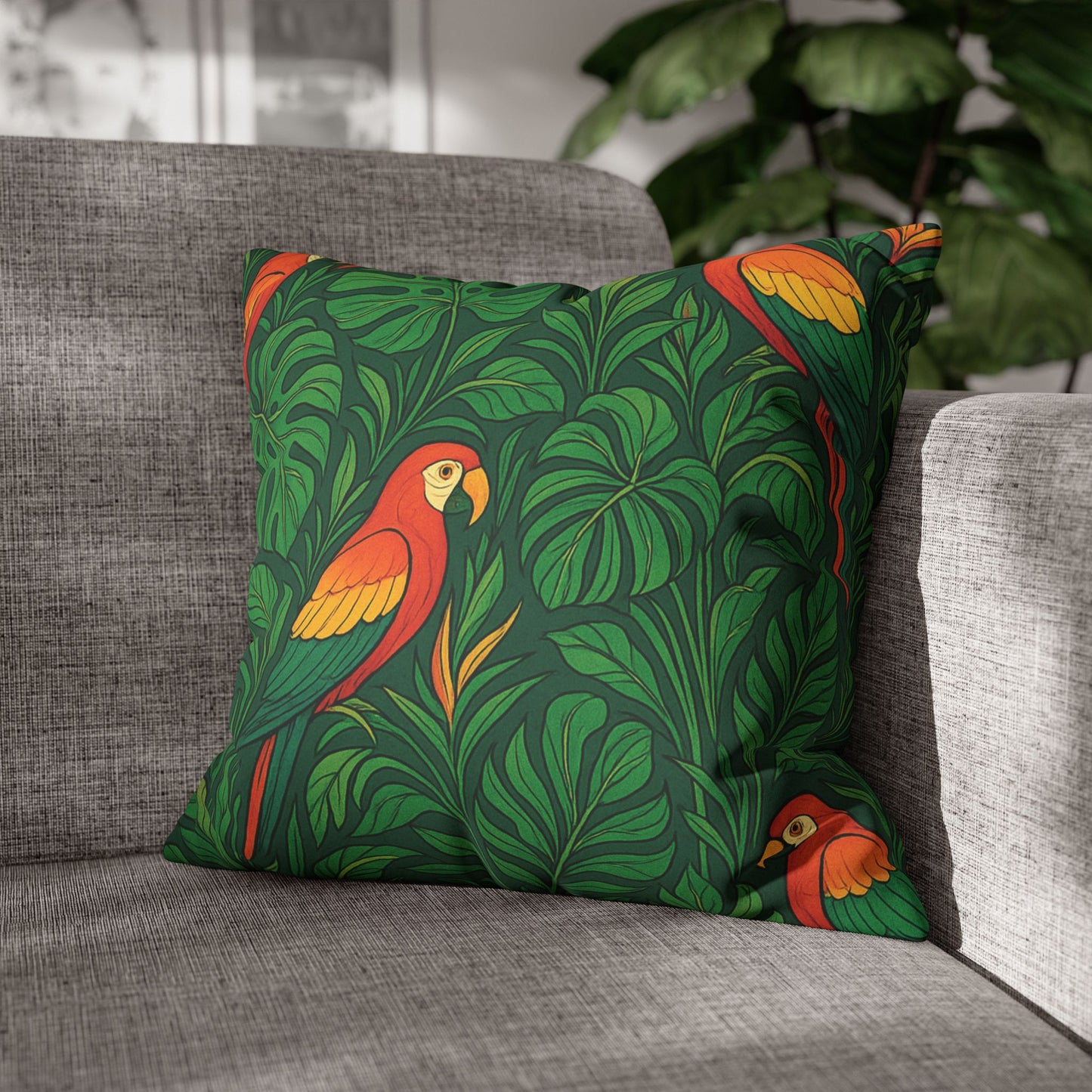 Faux Suede Square Pillowcase - Parrot Family