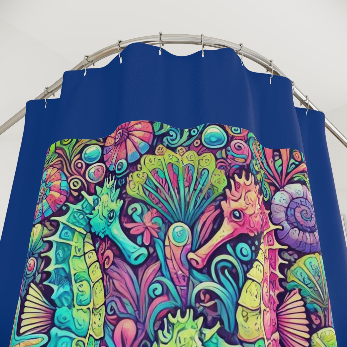 Tropical Shower Curtain - Rainforest Bathroom Decor / Seahorse Trio/Dark Blue