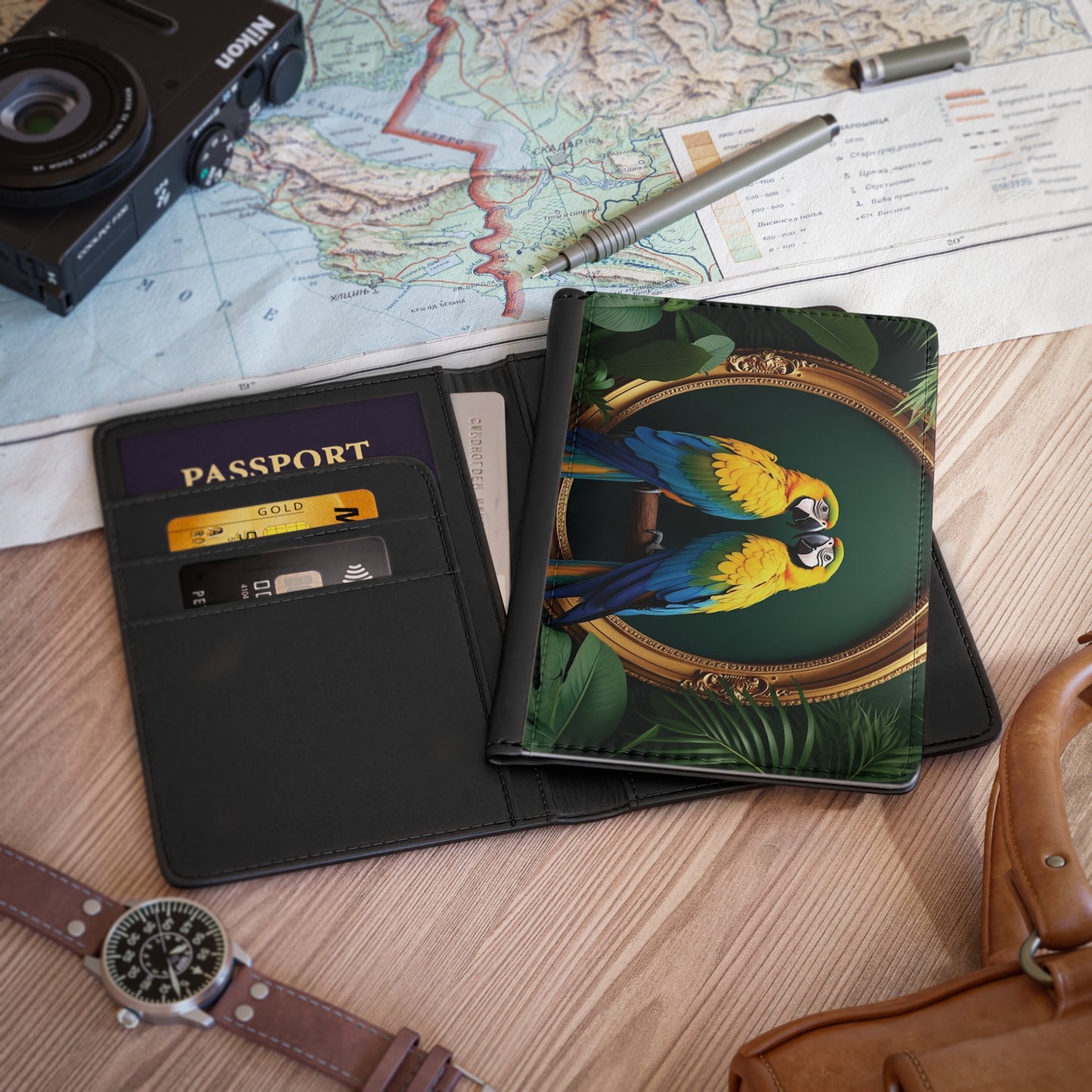 Tropical Passport Cover, Faux Leather - RFID blocking for travel security / Framed Parrot Pair