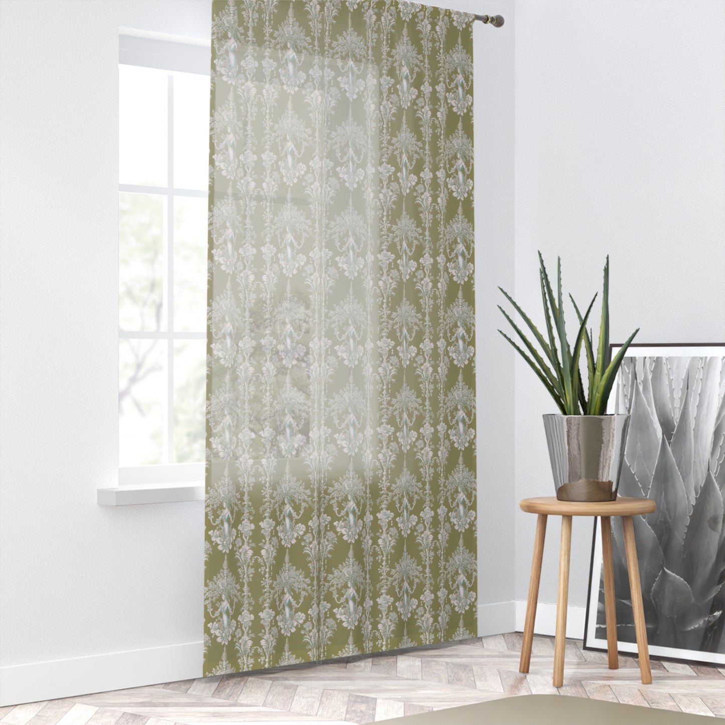 Pearl Lady Toile/Highborn Green Semi-Transparent Window Curtain, 50" x 84" - Colorful Tropical Home Décor