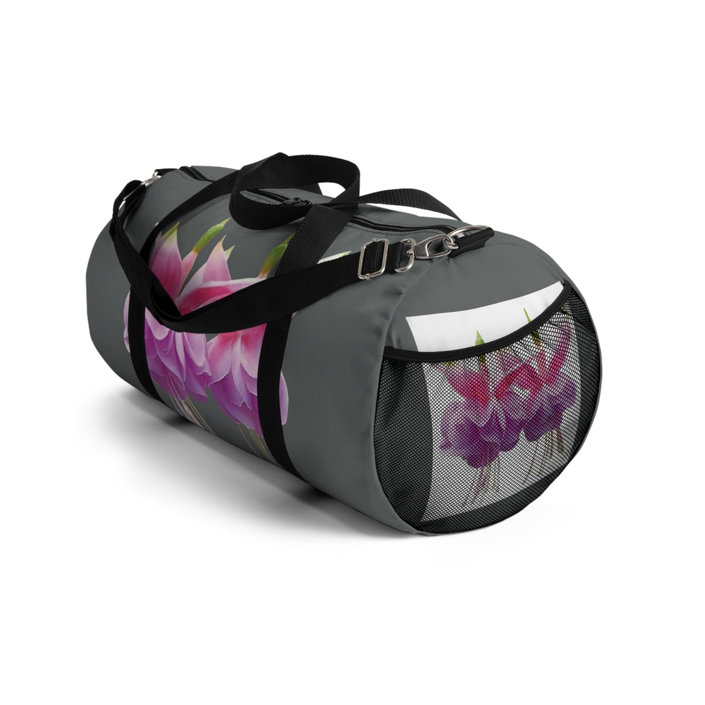 Tropical Flower Duffel Bag - Perfect for Travel and Gym / Two Pink Fuchsias, Dark Grey