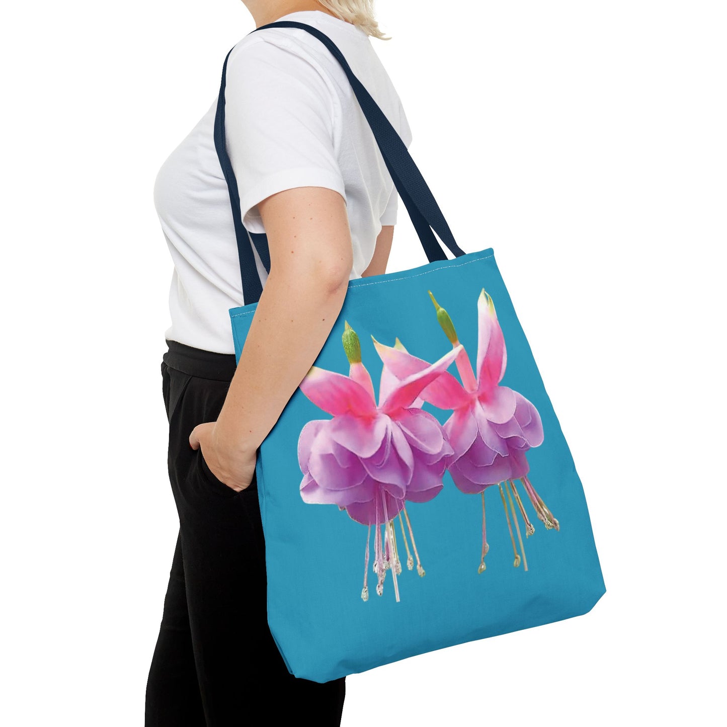 Two Fuschsias Tropical Flower Tote Bag/Turquoise - 3 Sizes
