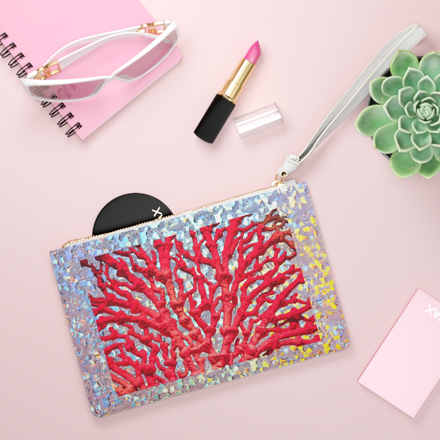 Tropical Faux Leather Clutch Bag - Perfect for Beach Adventures & Summer Vacations / Disco Red Coral Reef