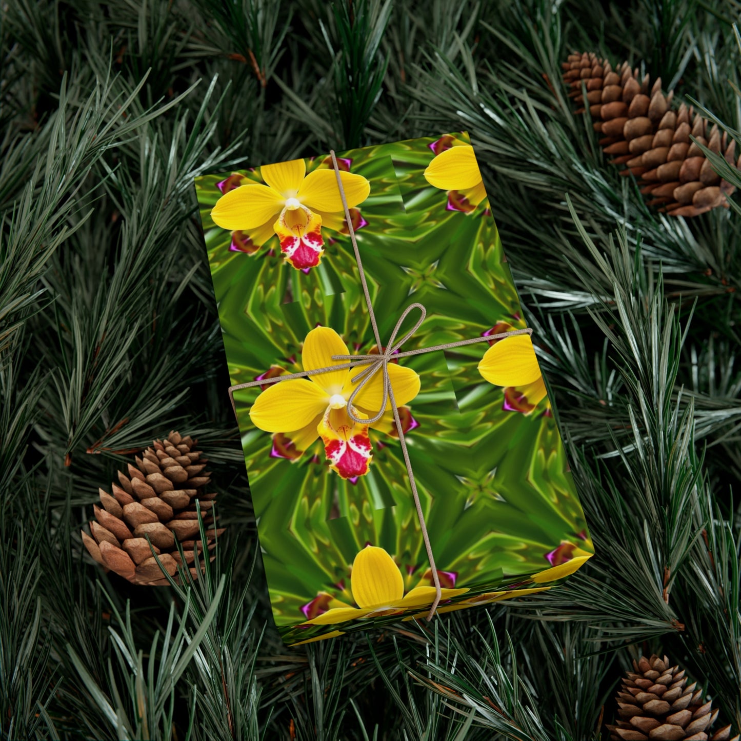 Wrapping Paper - Tropical Gift Wrap for All Occasions / 3 Sizes, 2 Finishes / Yellow Orchid Kaleidoscope