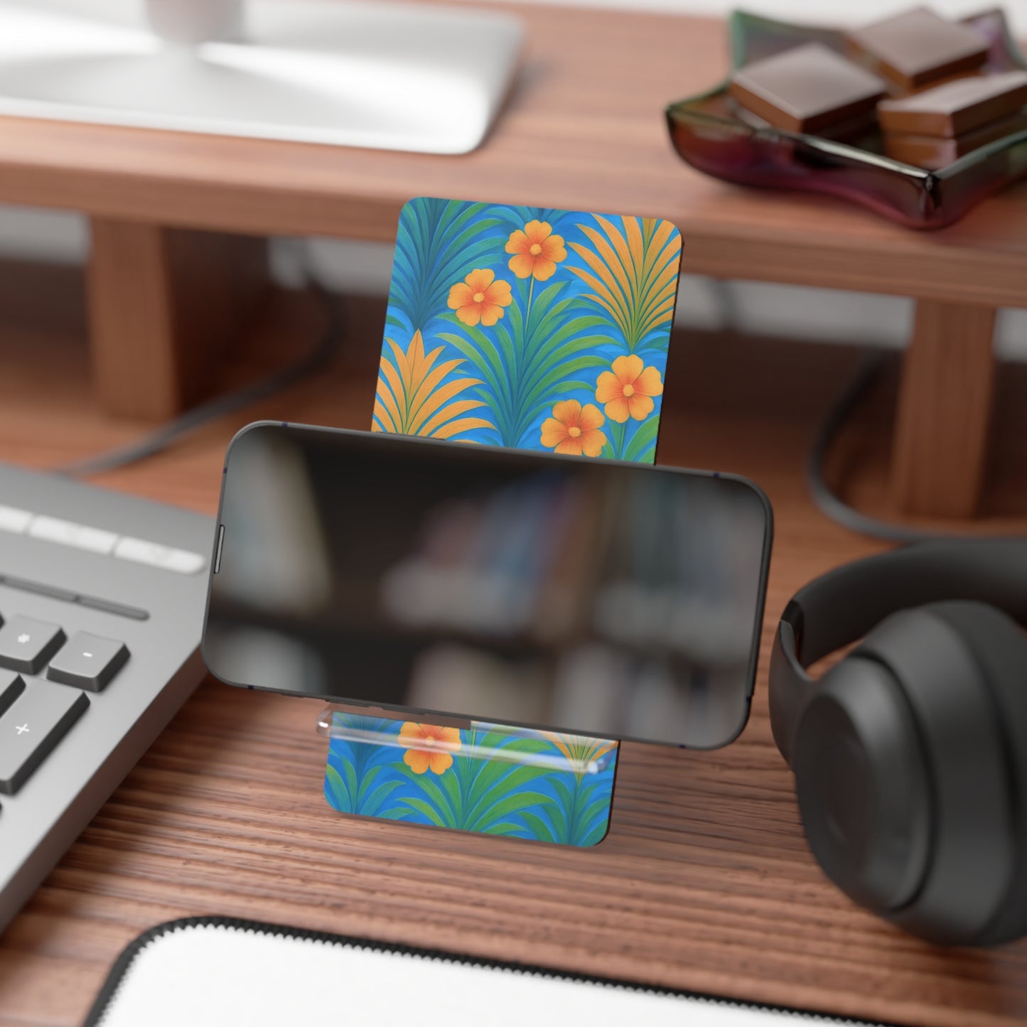 Stylish Smartphone Display Stand with Iconic Artwork - Sunrise Palms/Blue