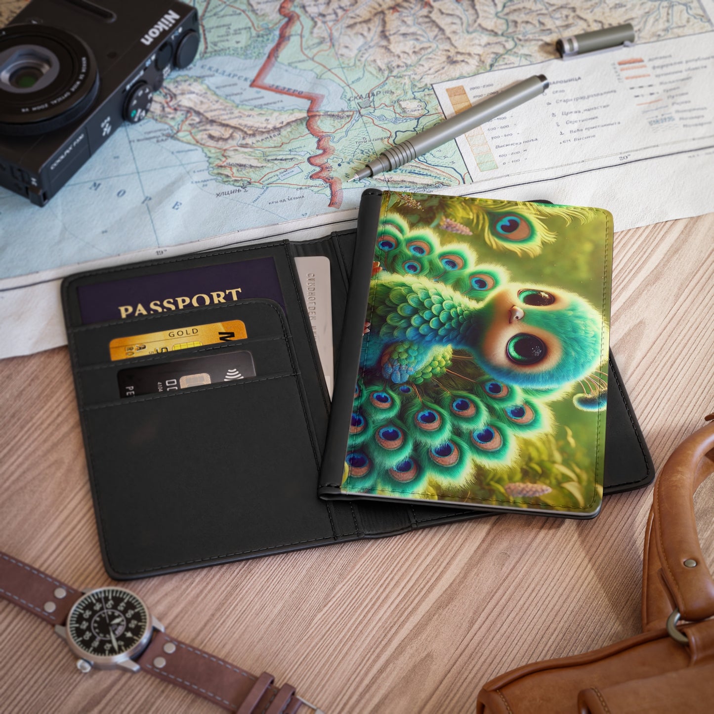 Tropical Passport Cover, Faux Leather - RFID blocking for travel security / Rainforest Baby Peacock