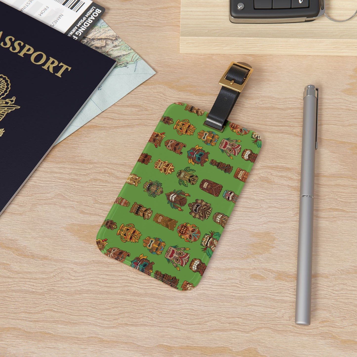 Luggage Tag - Tiny Tiki Dudes, Green