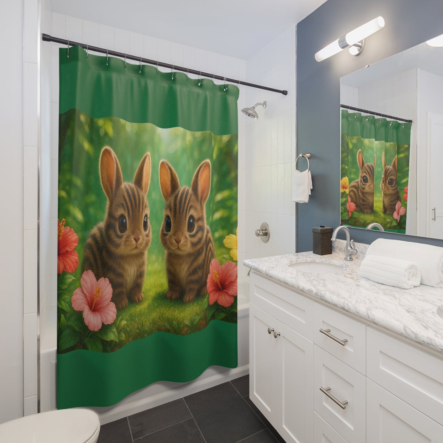 Tropical Shower Curtain - Rainforest Bathroom Decor / Baby Sumatran Rabbits/Dark Green