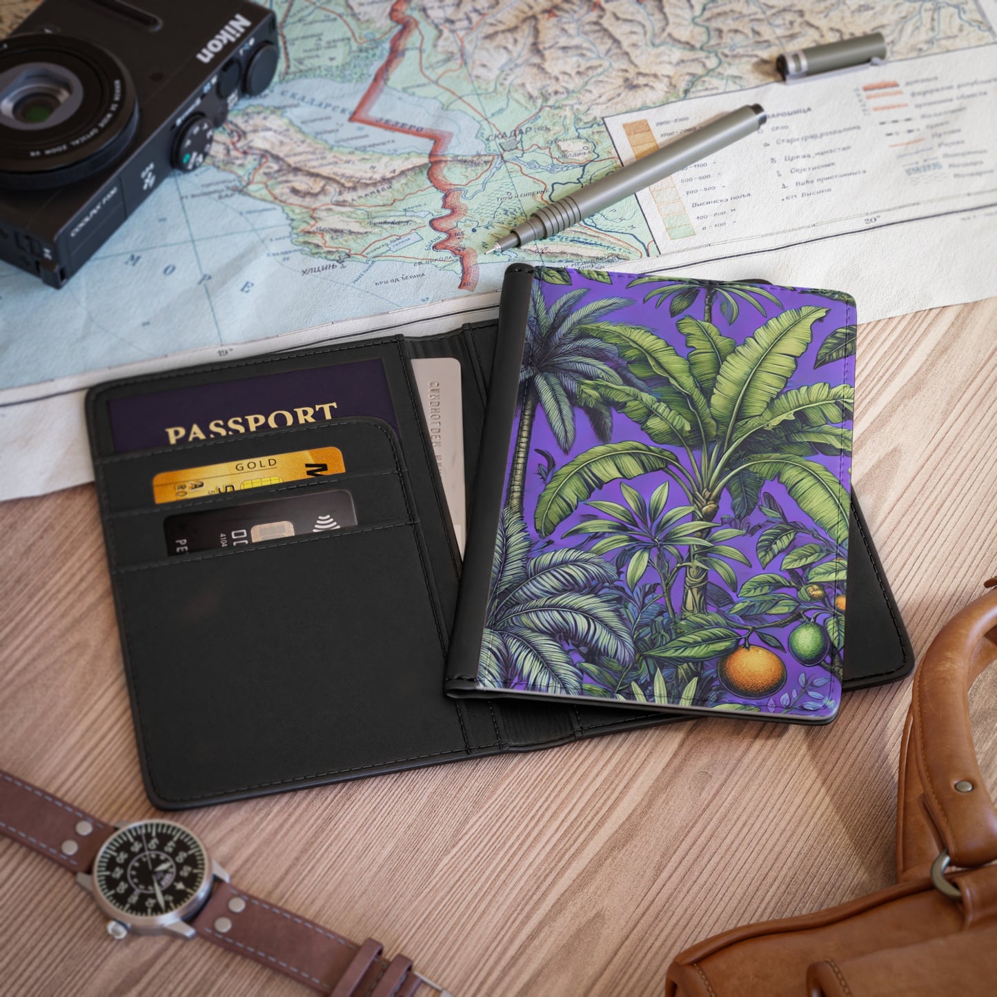 Tropical Passport Cover, Faux Leather - RFID blocking for travel security / Tropical Fruit, Purple