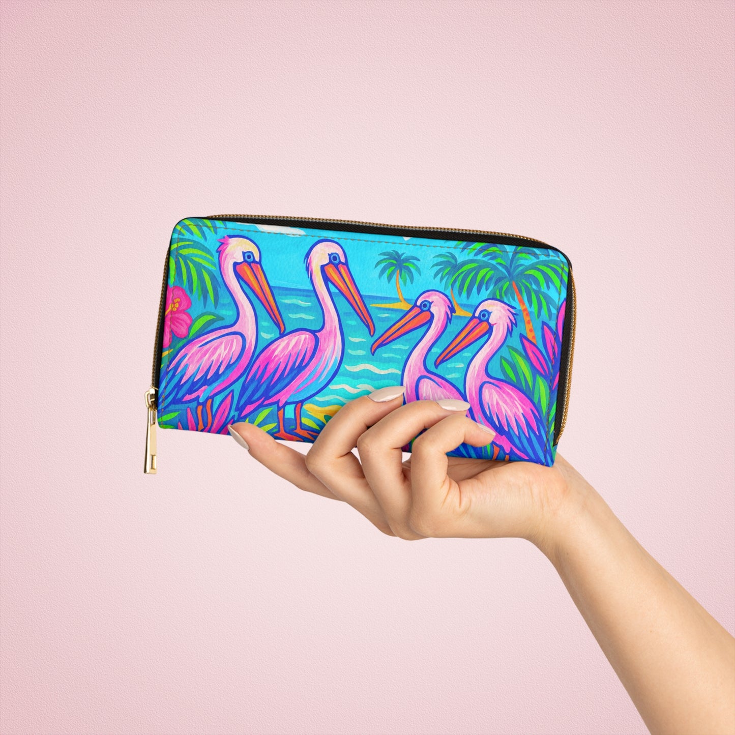 Tropical Zipper Wallet, Faux Leather / Vibrant Clutch / Beach Pelican Party