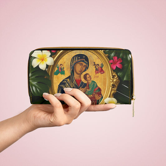 Tropical Zipper Wallet, Religious, Faux Leather / Vibrant Clutch / Our Lady of Perpetual Help