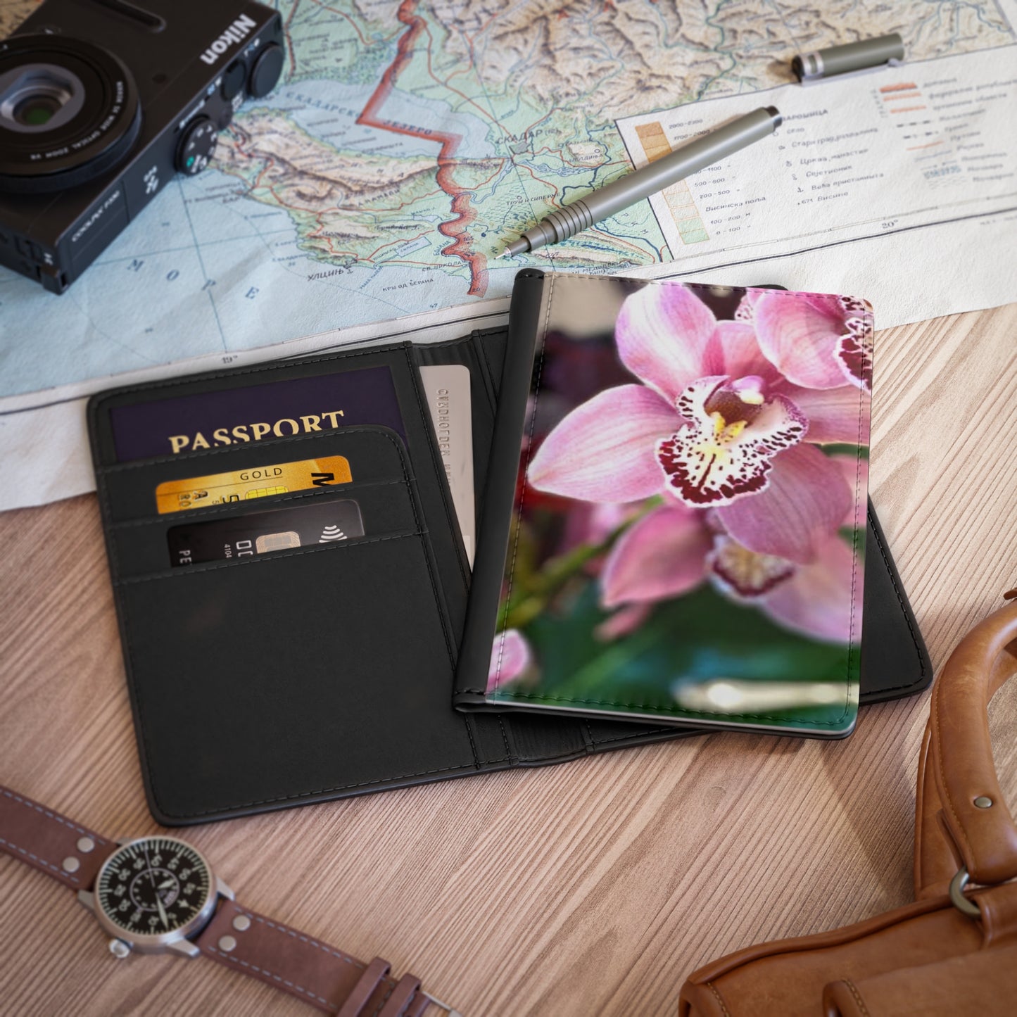 Tropical Passport Cover, Faux Leather - RFID blocking for travel security / Pink Orchid Photo
