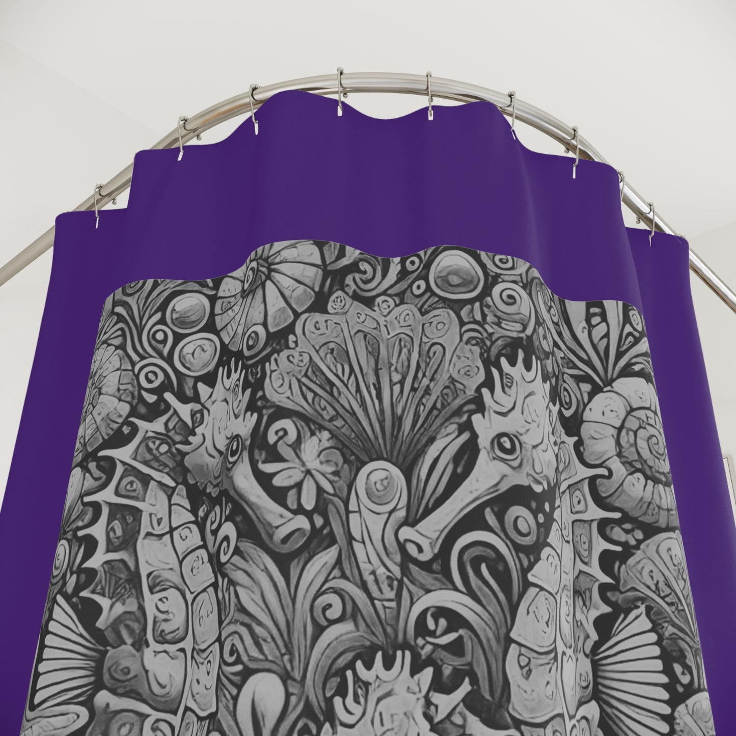 Tropical Shower Curtain - Ocean Bathroom Decor / Seahorse Trio Noir/Purple