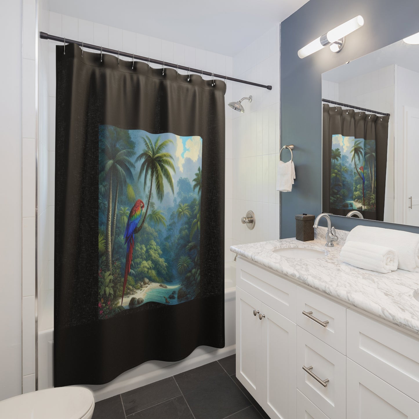 Tropical Shower Curtain - Rainforest Bathroom Decor / Sleeping Beauty Parrot, Black